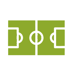 A simple green and white graphic of a soccer field viewed from above, showing markings for the center circle, halfway line, penalty areas, and goals on both ends—perfect for Plano Sports enthusiasts.