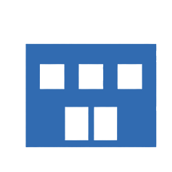 A simple blue square with "Plano Sports" style, featuring four white rectangles cut out—two like windows on top and two like doors on the bottom—set against a plain white background.