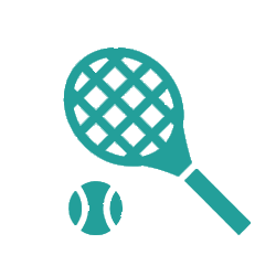 Teal icon of a tennis racket and tennis ball on a plain white background, perfect for representing Plano Sports.