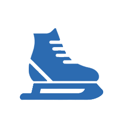 A blue icon of an ice skate with a boot and blade, shown on a plain white background—ideal for Plano Sports enthusiasts and winter activity lovers alike.