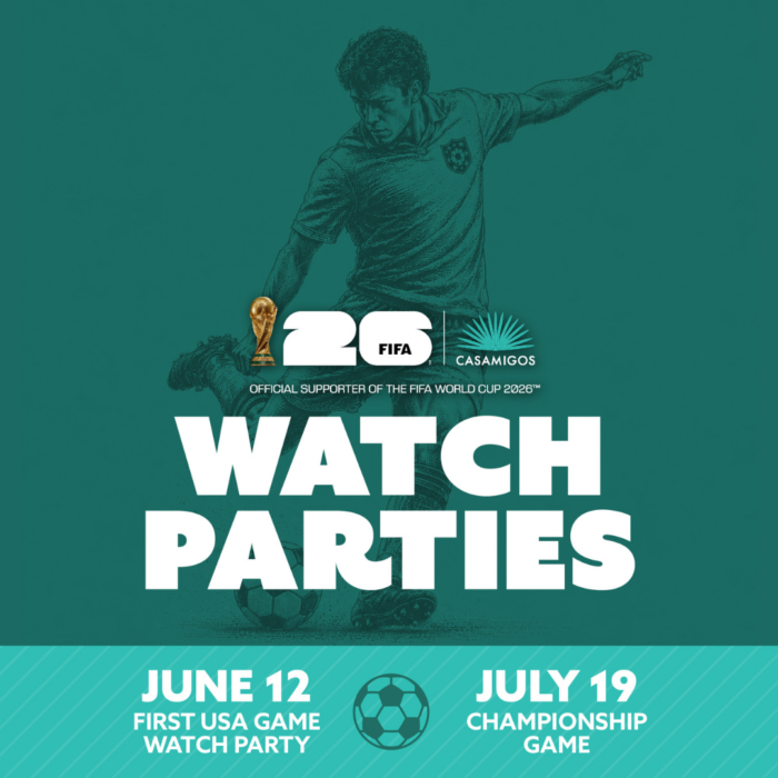 A stylized image of a soccer player kicking a ball with text promoting Soccer in Plano, FIFA World Cup 2026 watch parties. June 12: First USA game watch party. July 19: Championship game. Casamigos is listed as an official supporter.