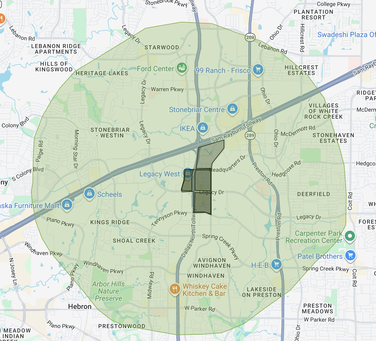 Map showing a section of Plano and Frisco, Texas, with a large green shaded circle centered around Stonebriar Centre and IKEA, highlighting soccer fields, nearby neighborhoods, parks, and major highways.