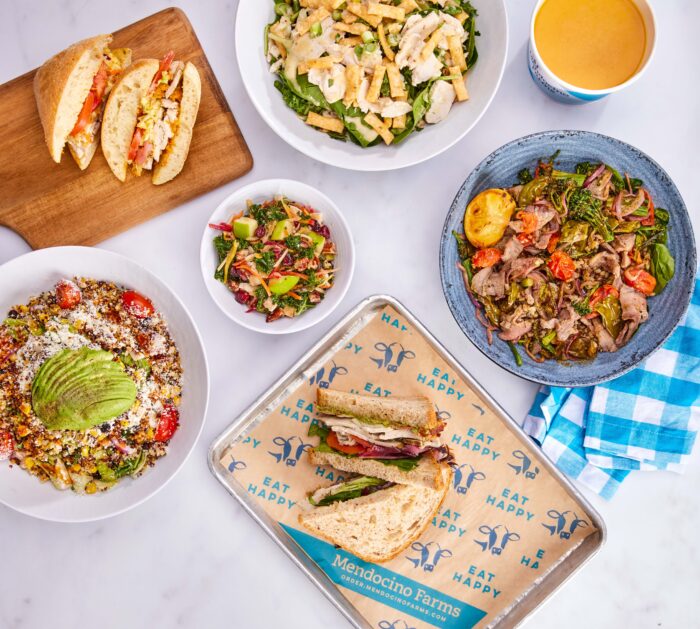 An assortment of dishes on a white table, including two sandwiches, a salad with avocado, a green salad with chicken, grilled meat with vegetables, a small salad, and a cup of soup on a blue checkered napkin.