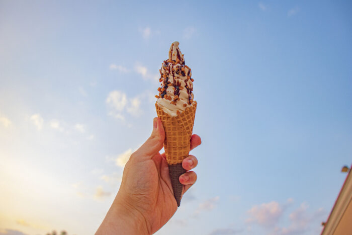 A hand holds up a delicious ice cream cone with vanilla soft serve, topped with chocolate syrup and nuts, against a bright blue sky dotted with a few clouds.