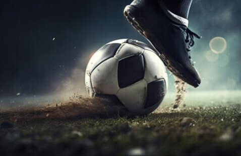 A close-up of a soccer player's foot about to kick a classic black-and-white soccer ball on a grassy field, with dirt flying and stadium lights glowing in the background, capturing the energy of the sport.