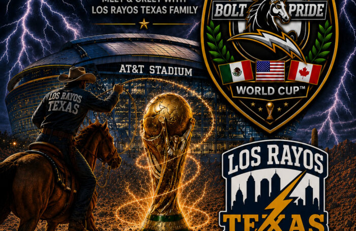 A cowboy on horseback with “Los Rayos Texas” on his shirt rides in front of AT&T Stadium, the FIFA World Cup trophy, soccer team logos for Bolt Pride and Los Rayos Texas under a stormy, lightning-filled sky.