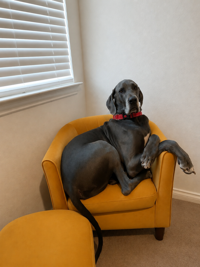 A large gray Great Dane with a red collar lounges awkwardly on a small yellow armchair in a corner next to a window with closed blinds.
