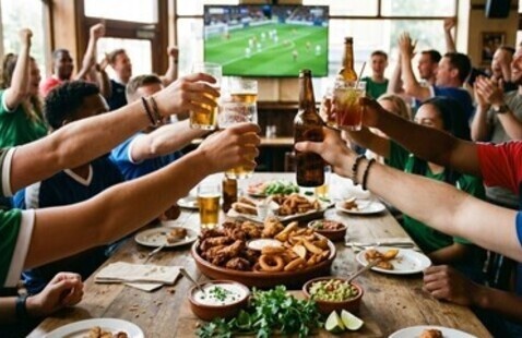 In einem lebhaften, sonnendurchfluteten Raum sitzt eine Gruppe von Menschen mit Getränken um einen reich gedeckten Tisch und verfolgt ein Fußballspiel im Fernsehen.