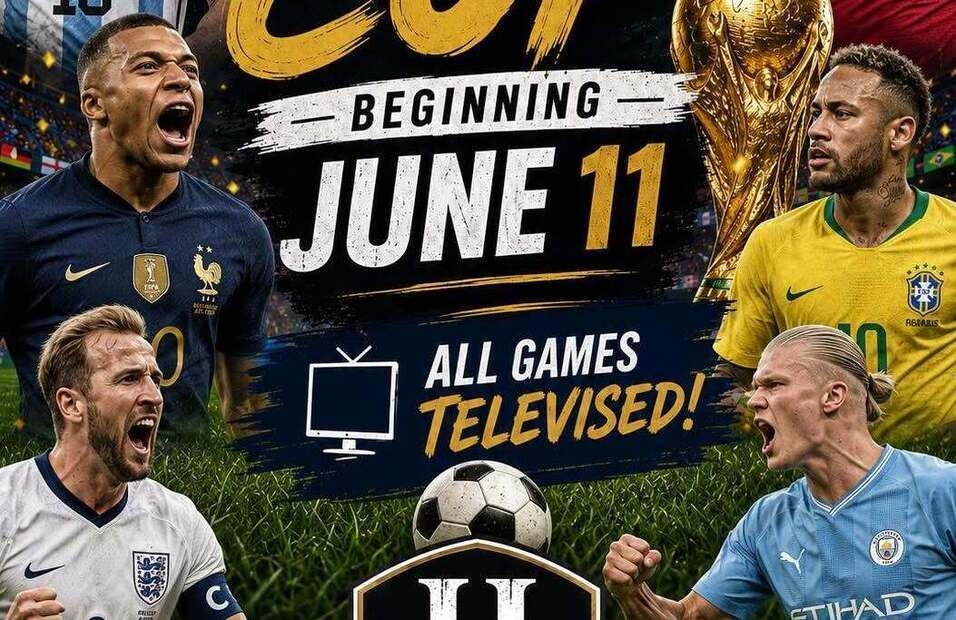 Plakat mit Kylian Mbappé, Neymar, Harry Kane und Erling Haaland, das für Fußballspiele ab dem 11. Juni wirbt, die alle im Fernsehen übertragen werden.