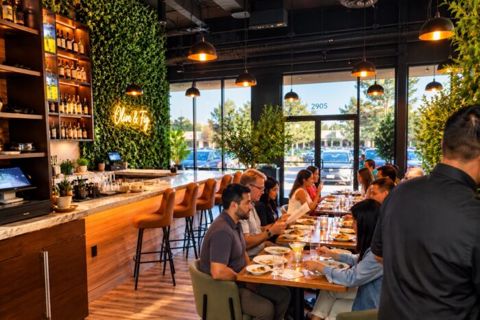 Patrons dining at tables inside a restaurant featuring an Olive and Fig neon sign on a vertical plant wall.