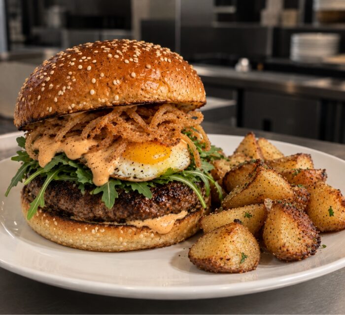 An Olive and Fig burger topped with a fried egg, crispy onion strings, and greens on a sesame seed bun, served with a side of roasted potatoes.