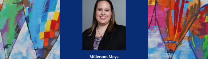 A woman with straight brown hair smiles in a professional headshot. Her photo is centered on a blue square over a colorful hot air balloon mural. Text: “Millerann Moya, Visit Plano.”.
