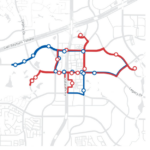Map showing two Frisco transit bus routes: the Blue Line with ten stops, and the Red Line with ten stops. Both lines intersect in multiple spots, providing convenient transportation options throughout the city. Major roads and locations are also shown.