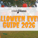 A graphic reads visit Plano HALLOWEEN EVENT GUIDE 2026 over a yard decorated with orange pumpkins and hay near a house, with trees and a clear sky in the background.