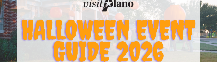 A graphic reads visit Plano HALLOWEEN EVENT GUIDE 2026 over a yard decorated with orange pumpkins and hay near a house, with trees and a clear sky in the background.
