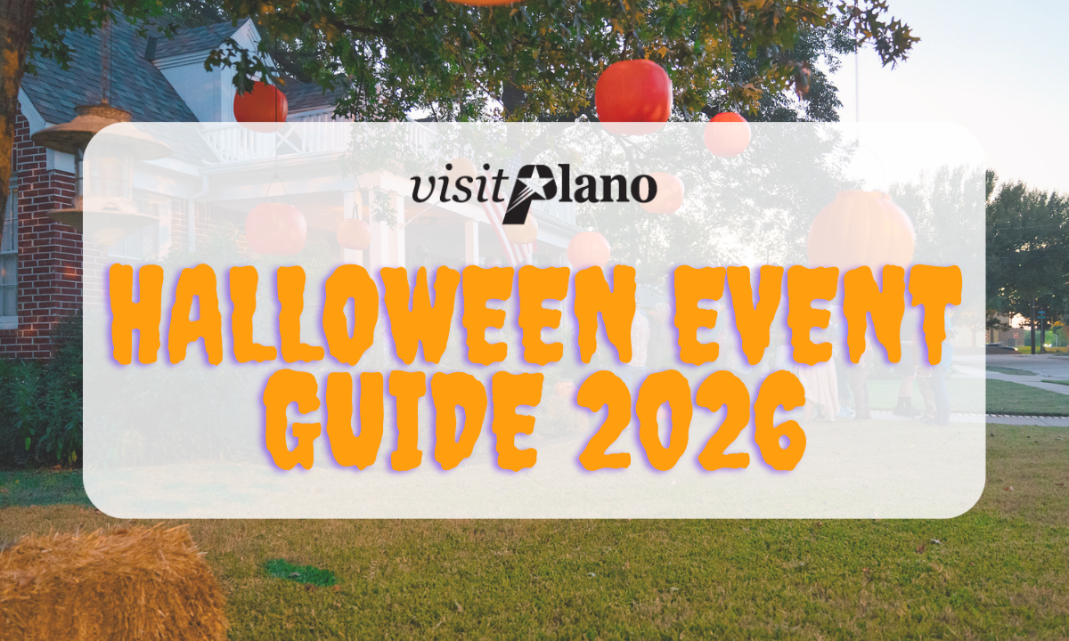 A graphic reads visit Plano HALLOWEEN EVENT GUIDE 2026 over a yard decorated with orange pumpkins and hay near a house, with trees and a clear sky in the background.