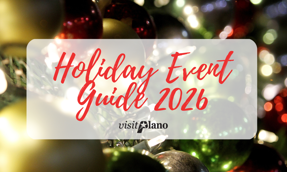 Holiday ornaments decorate the background of this Holiday Event Guide 2026 for Plano, which invites visitors to learn more about holiday events in Plano.
